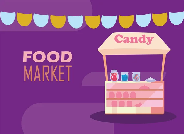 Pinkfarbener Süßwarenmarkt mit Wimpel-Vektor-Design — Stockvektor