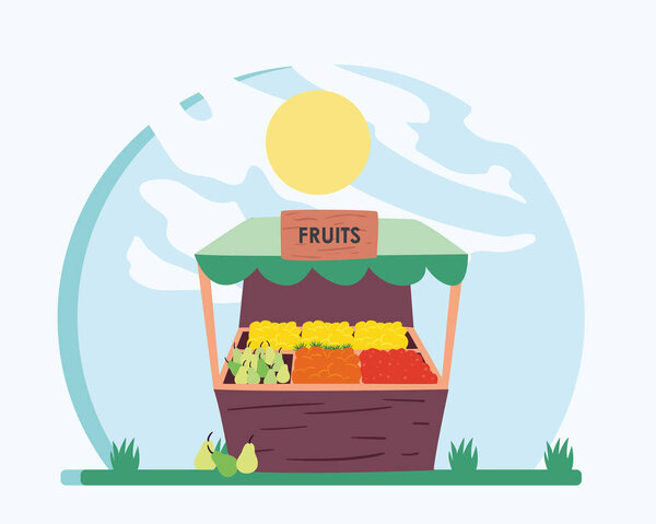Конструкция рынка фруктов и вектора солнца