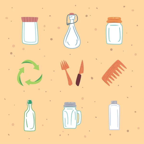 Enregistrer La Planète Zéro Déchet Et Éco Icône Set Vectoriel Design — Image Vectorielle