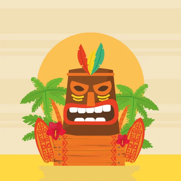 Hawaiian tiki cartoon met surfplanken en hout banner vector ontwerp — Stockvector