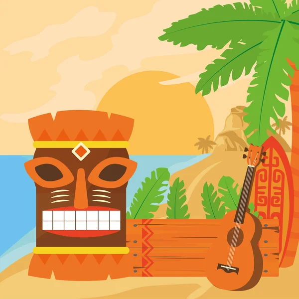 Tiki tekenfilm houten banner en gitaar op strand vector ontwerp — Stockvector
