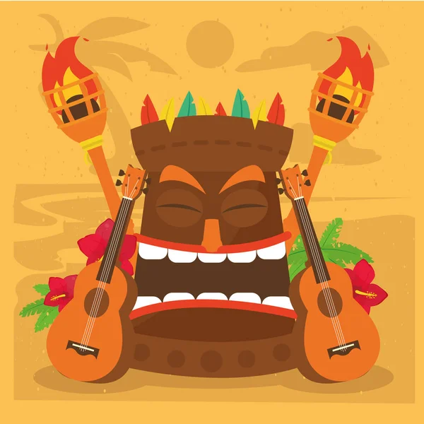 Hawaiian tiki cartoon met gitaren vector ontwerp — Stockvector