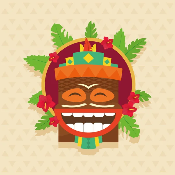 Hawaiian tiki cartoon met bloemen en palmbladeren vector ontwerp — Stockvector