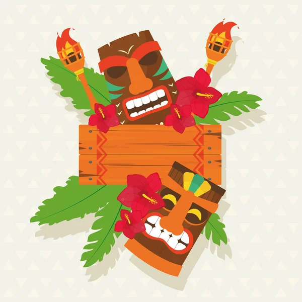 Hawaiiaanse tiki cartoons met houten banner vector design — Stockvector