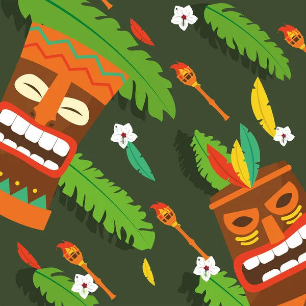 Hawai tiki dibujos animados con antorchas de fondo vector de diseño — Vector de stock