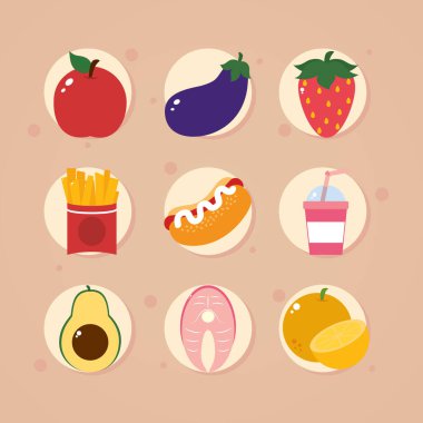 Meyveler ve hazır yemek ikonu. Renkli tasarım.