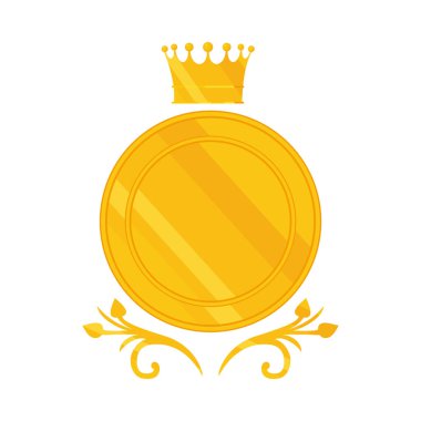 Taçlı ve kıvrımlı altın yuvarlak kalkan, renkli tasarım.