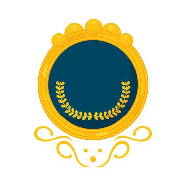 Mavi, dekoratif kıvrımlı, renkli dizaynlı altın sarısı bir kalkan.