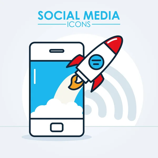 Social media icons concept, cellphone and rocket, line and fill style — Stock Vector