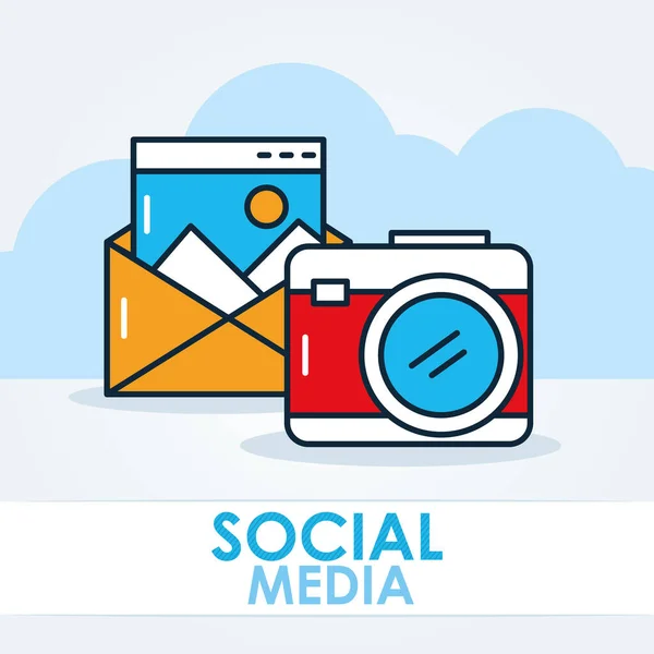 Közösségi média koncepció, kamera és boríték, vonal és töltés stílus — Stock Vector