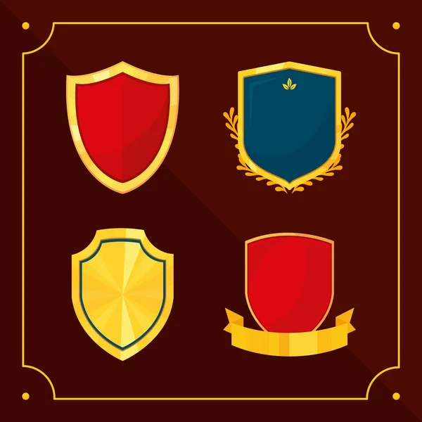Средневековые щиты иконки, красочный дизайн — стоковый вектор