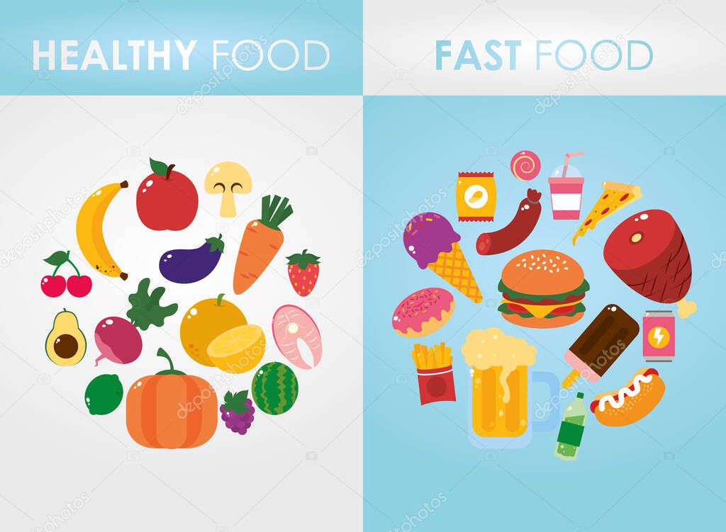 healthy food and fast food design, colorful design