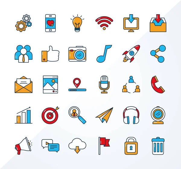 Conjunto de iconos de redes sociales, línea y estilo de relleno — Vector de stock