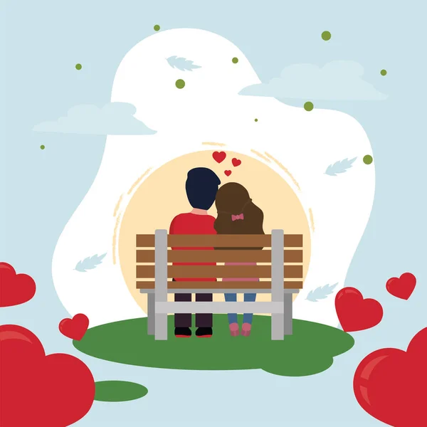 Feliz dia dos namorados casal no banco com design de vetor corações —  Vetores de Stock