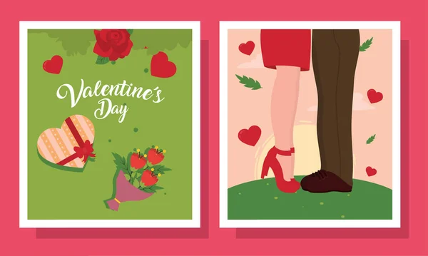 Glücklicher Valentinstag Paar Herzschachtel und Blumen in Karten Vektor-Design — Stockvektor