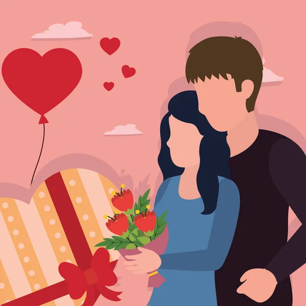 Feliz día de San Valentín pareja con diseño de vector caja de corazón — Vector de stock