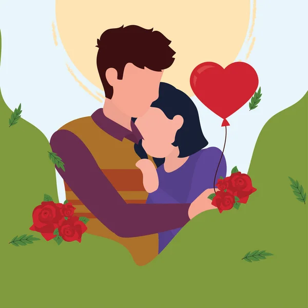 Happy Valentijnsdag paar met rozen en hart ballon vector ontwerp — Stockvector