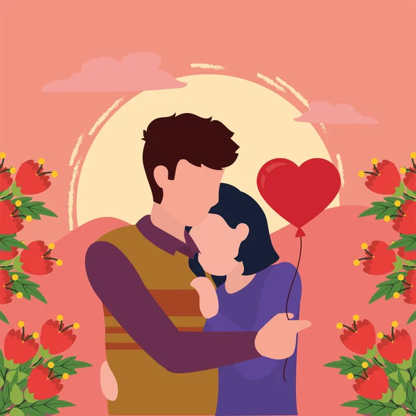 Mutlu sevgililer günü çifti çiçekler ve kalp balonu vektör tasarımı — Stok Vektör