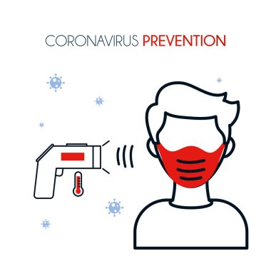 Coronavirus önleme termometresi ve maske vektör tasarımlı adam