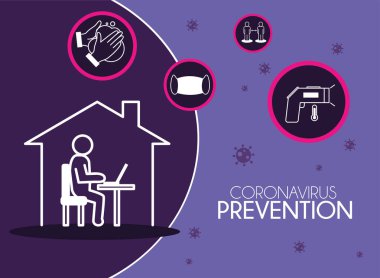 Coronavirus önleme ve evde ikon vektör tasarımı ile çalışma