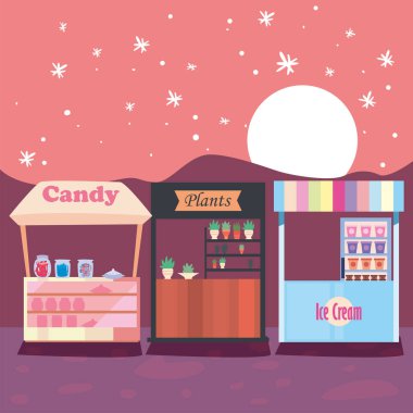 Şeker fabrikaları ve dondurma pazarı gece vektör tasarımında