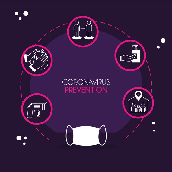 Coronavirus preventie en masker met pictogrammen vector ontwerp — Stockvector