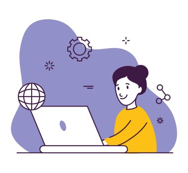 Etrafta internet sembolleri olan dizüstü bilgisayar kullanan bir kadın. Renkli tasarım.