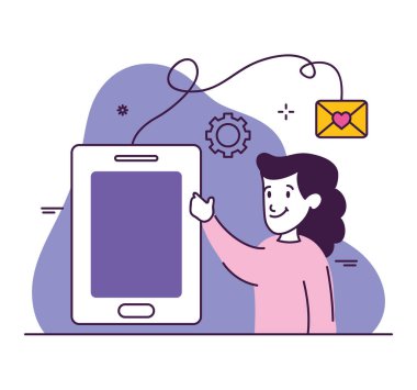 Akıllı telefon ve zarflı kadın, renkli tasarım.