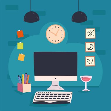 Bilgisayar ve şarap bardağı vektör tasarımlı işyeri masası