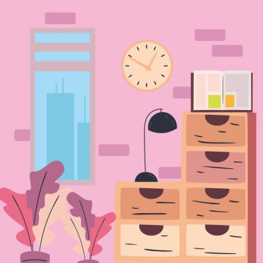 Bitki lambası ve kitap vektör tasarımlı işyeri mobilyaları