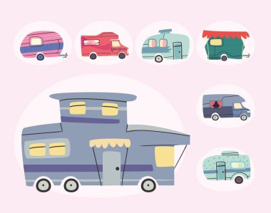 Kamp karavanları ikon grup vektör tasarımı