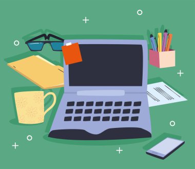 dizüstü bilgisayarı ve simge ayarlı vektör tasarımı olan iş yeri