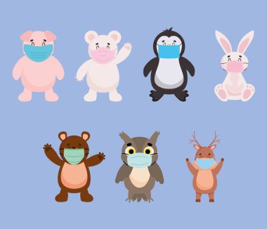 Yüz maskesi ikonu seti olan sevimli hayvanlar, renkli tasarım.