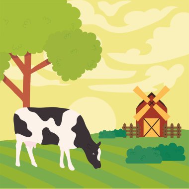 Çiftlik ve inek peyzaj vektör tasarımında