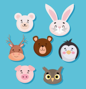 karikatür hayvan yüzleri simge seti, renkli tasarım