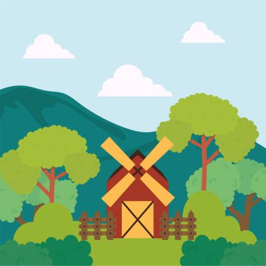 Dağ vektör tasarımının önündeki ağaçlı çiftlik