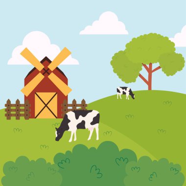 İnek ve ahırı olan çiftlik manzarası, renkli tasarım.