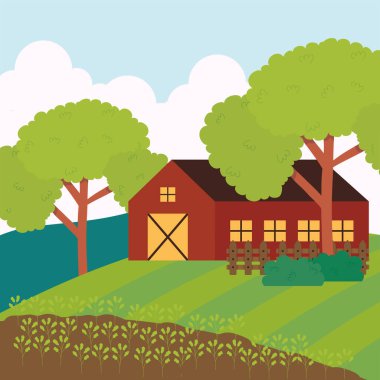 Bitkileri ve ağaçları olan bir çiftlik.