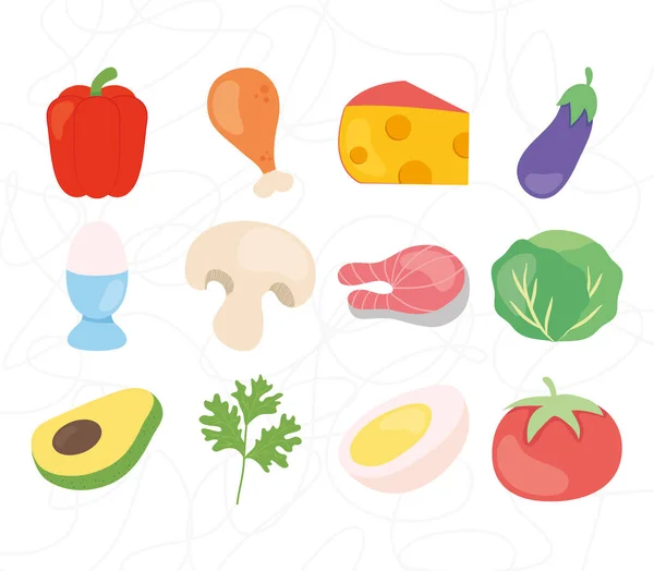 Grönsaker och hälsosam mat ikon set, färgglada design — Stock vektor