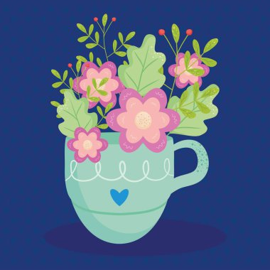 Güzel çiçekli ve yapraklı kupa, renkli tasarım.