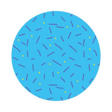 Memphis tarzı çizgileri ve noktaları olan mavi daire, renkli tasarım.