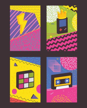 90 'lar ve 80' ler poster simgeleri seti, renkli tasarım