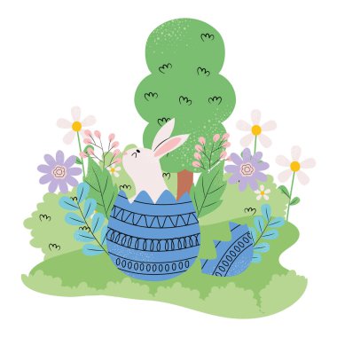 Mutlu Paskalya Günü konsepti, Tavşanlı Paskalya yumurtası ve renkli çiçekler ve ağaç, renkli tasarım