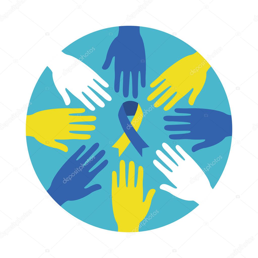 World down syndrome day, solidarity hands and ribbon, colorful design