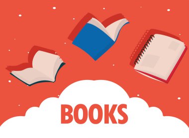 Kırmızı arkaplan vektör tasarımı üzerine bulutlu eğitim kitapları