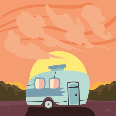 Gün batımında mavi karavan vektör tasarımı