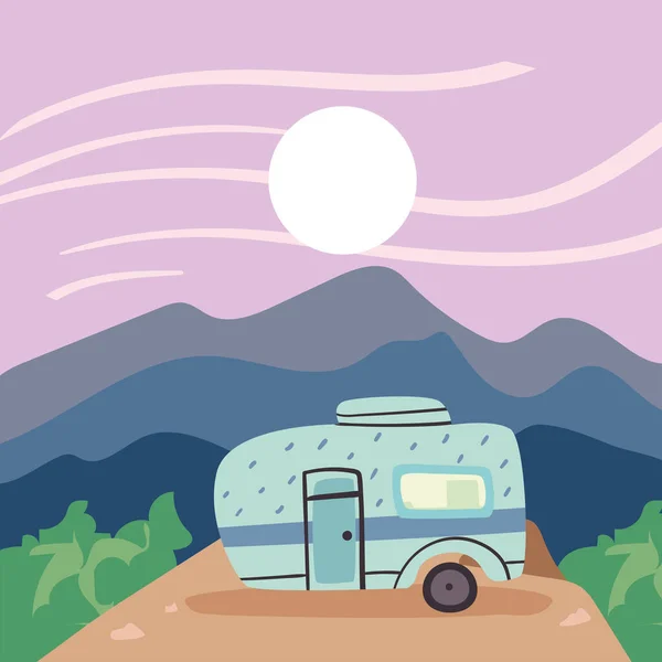 blue camper trailer on mountain vector design