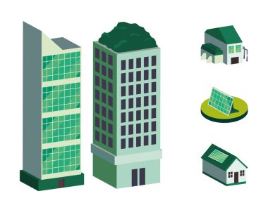 Binalar ve evler üzerindeki güneş panelleri izometrik set vektör tasarımı