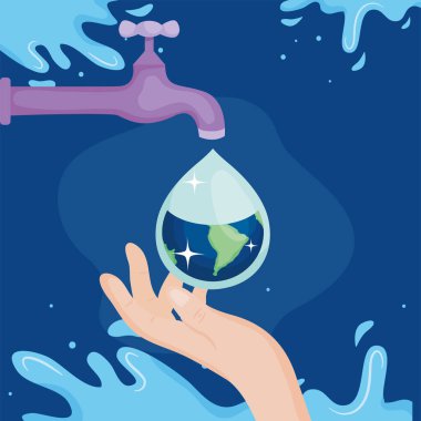 Musluk ve dünya ile su günü el vektörü tasarımı üzerine düşer