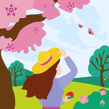 Ağaçlı bahar manzarası ve çiçek vektör tasarımlı kız.